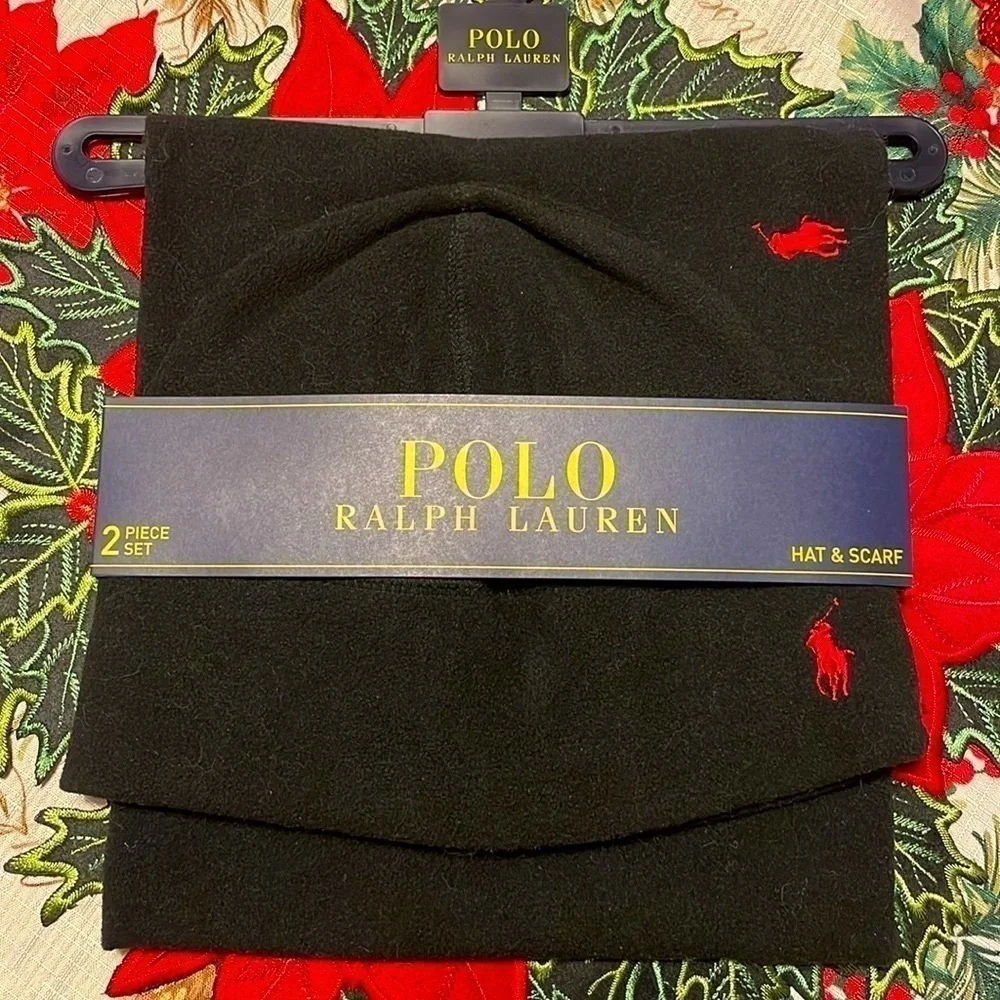 Brand New Polo Ralph Lauren Black Fleece 2-Piece Hat & Scarf Set Red Pony